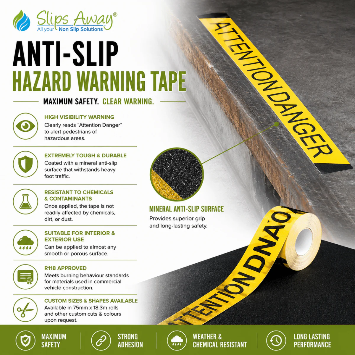 Black and Yellow Attention Danger Warning Anti-Slip Tape - 75mm x 18.3mm - Image 3